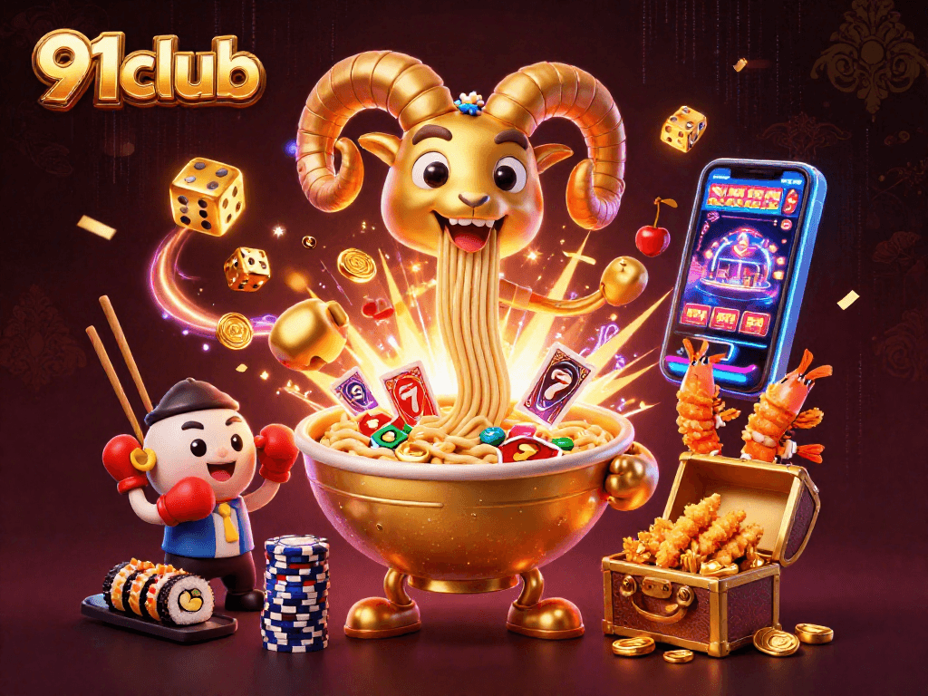 91club engages players with exciting slots and games in a vibrant, animated scene.