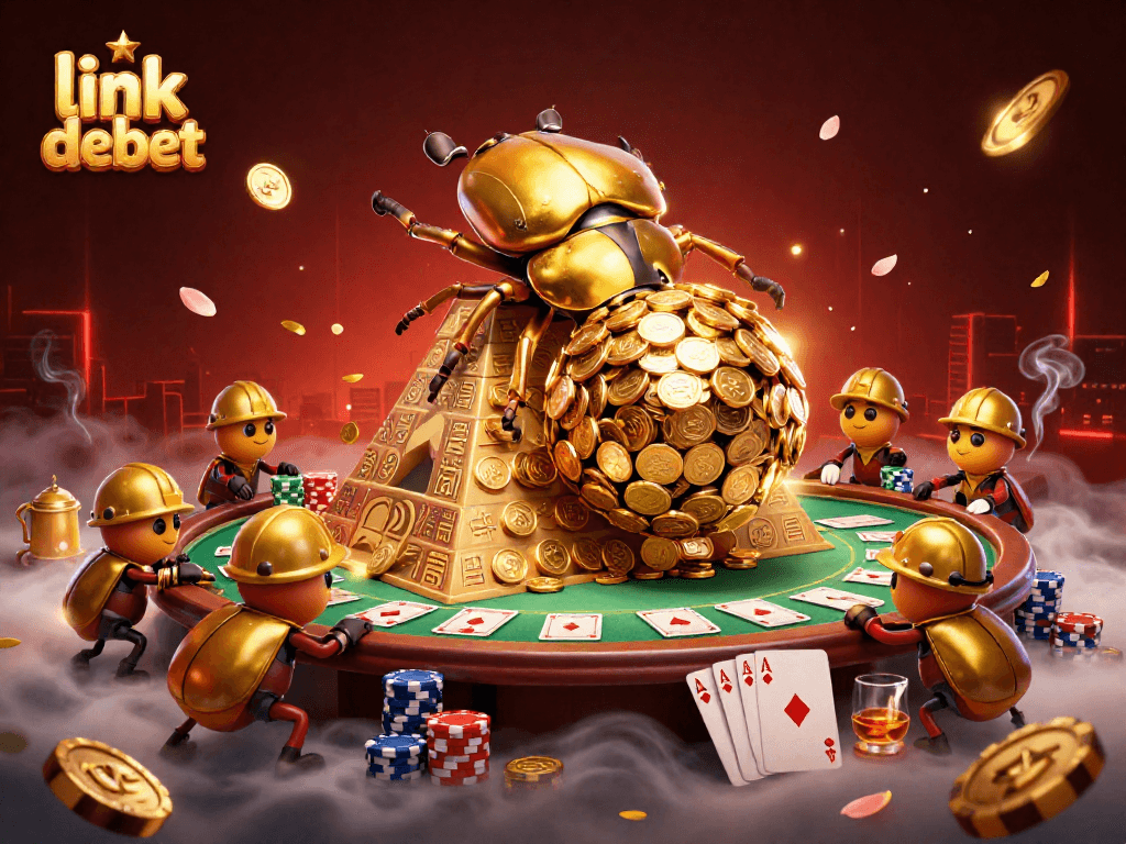 Engage in thrilling gaming action at link debet with towering poker chips and golden coin dynamics.