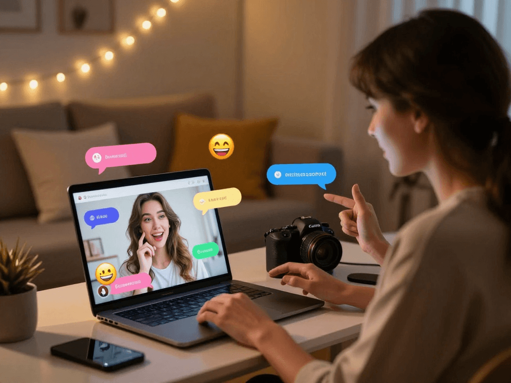 Engaging ai sex chat scene with virtual characters in a cozy home office.