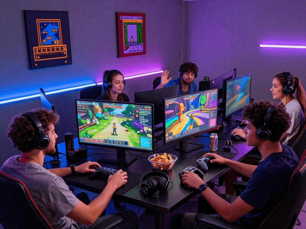 Group enjoying online porn games in a vibrant gaming room, showcasing camaraderie and excitement.