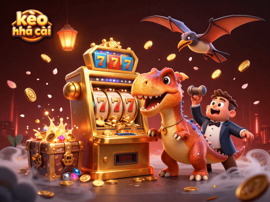 Engaging scene of kèo nhà cái with a dinosaur interacting with a golden slot machine and coins flying around.