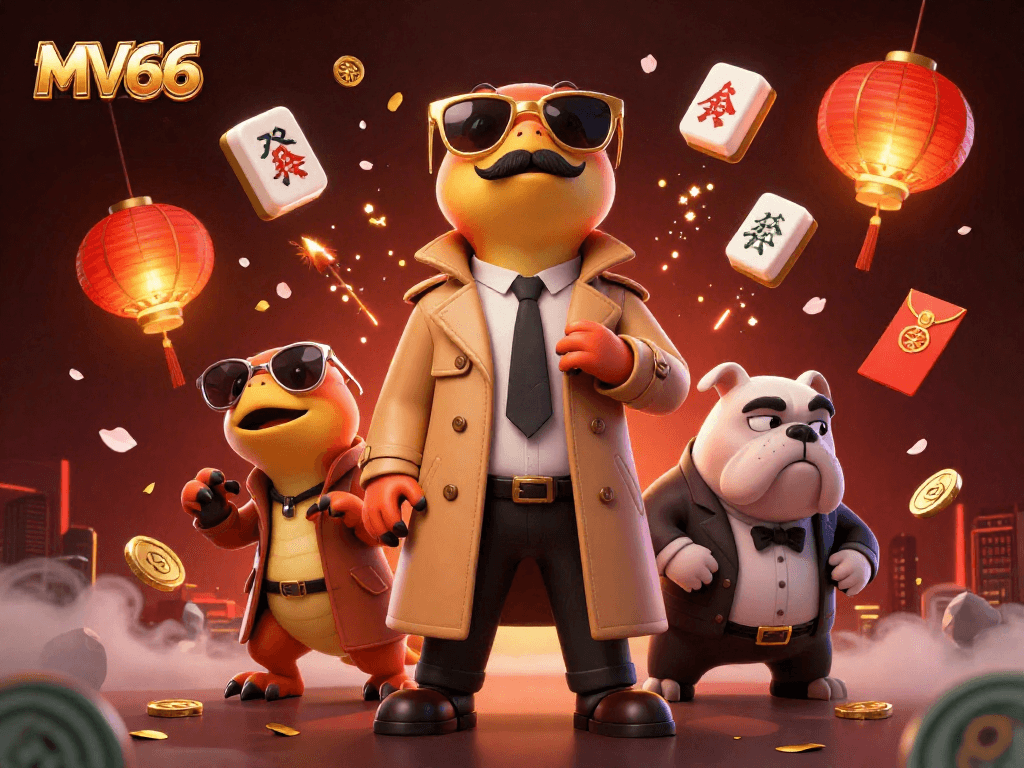 Experience MV66 in a vibrant 3D casino scene featuring raptors, lucky tiles, and festive elements.