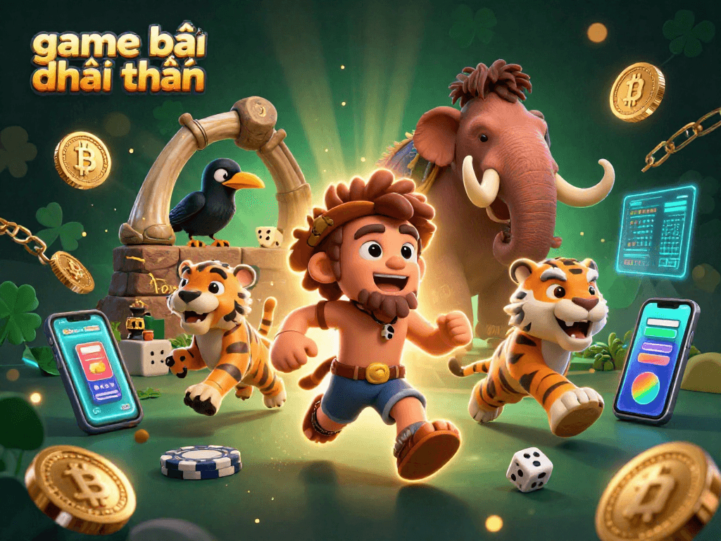 Experience game bài đổi thưởng in a prehistoric casino with a lively caveman and sabertooth tiger duo.