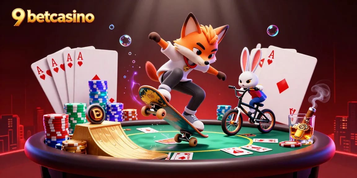 Skateboarding fox and BMX rabbit in vibrant 9betcasino scene showcasing poker and casino elements.