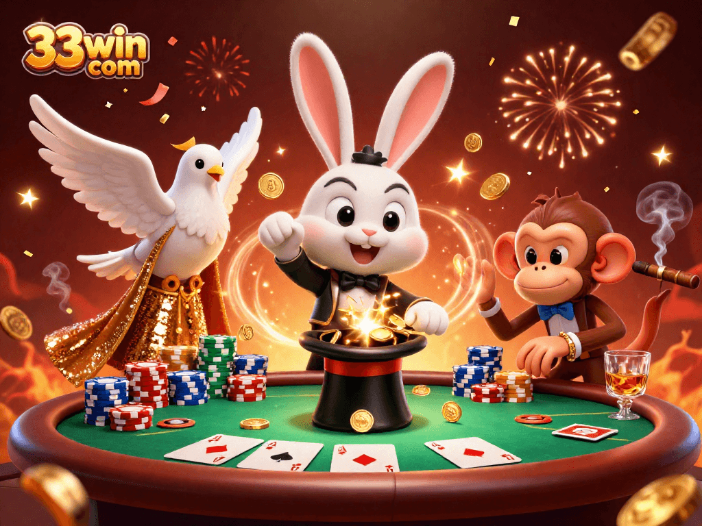 Engage with thrilling poker action at 33win com featuring a magician rabbit, vibrant poker chips, and festive celebration.