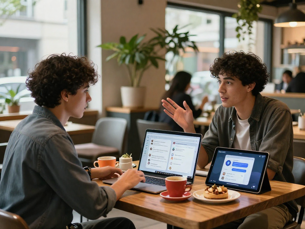 Engaged discussion on juicy chat AI capabilities in a vibrant café setting.