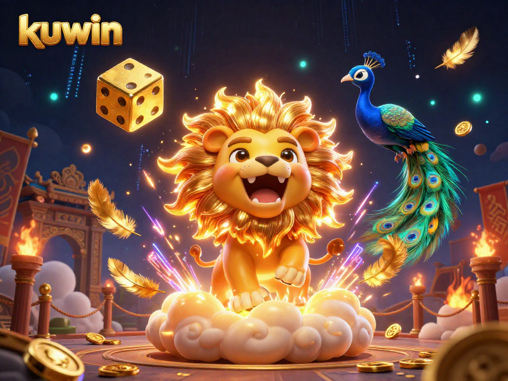 Join the action at kuwin with a roaring lion and golden dice amidst thrilling gambling elements.