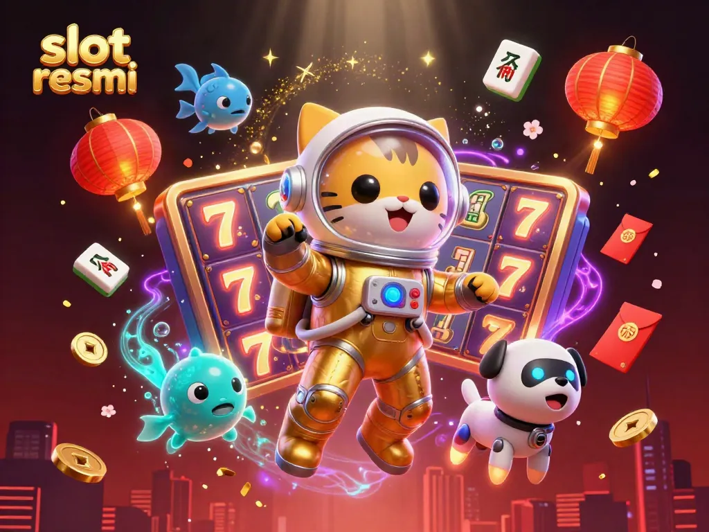 Slot resmi featuring a cartoon astronaut cat and robot dog amidst vibrant casino elements.