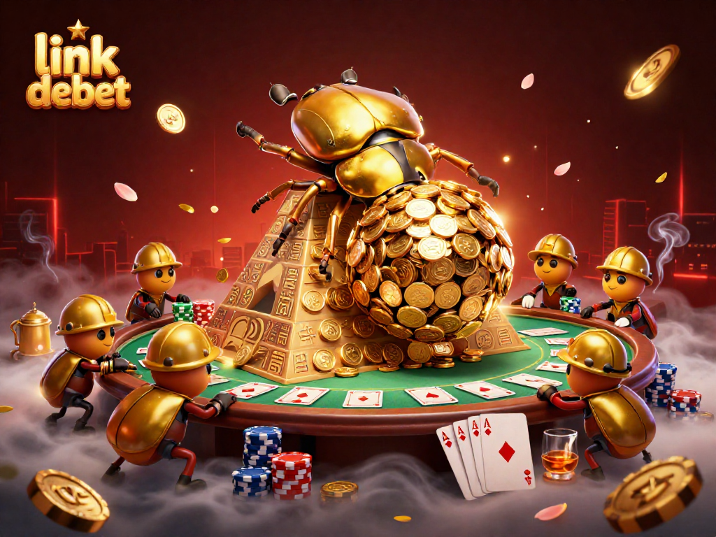 Engage in thrilling gaming action at link debet with towering poker chips and golden coin dynamics.