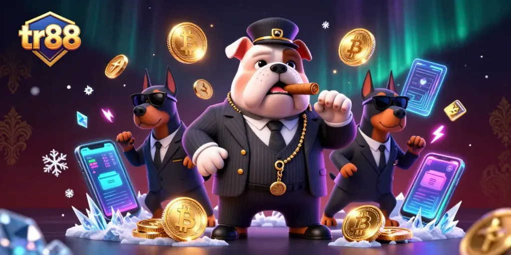 Betting with tr88 in a vibrant casino scene featuring a mafia bulldog and Doberman bodyguards.