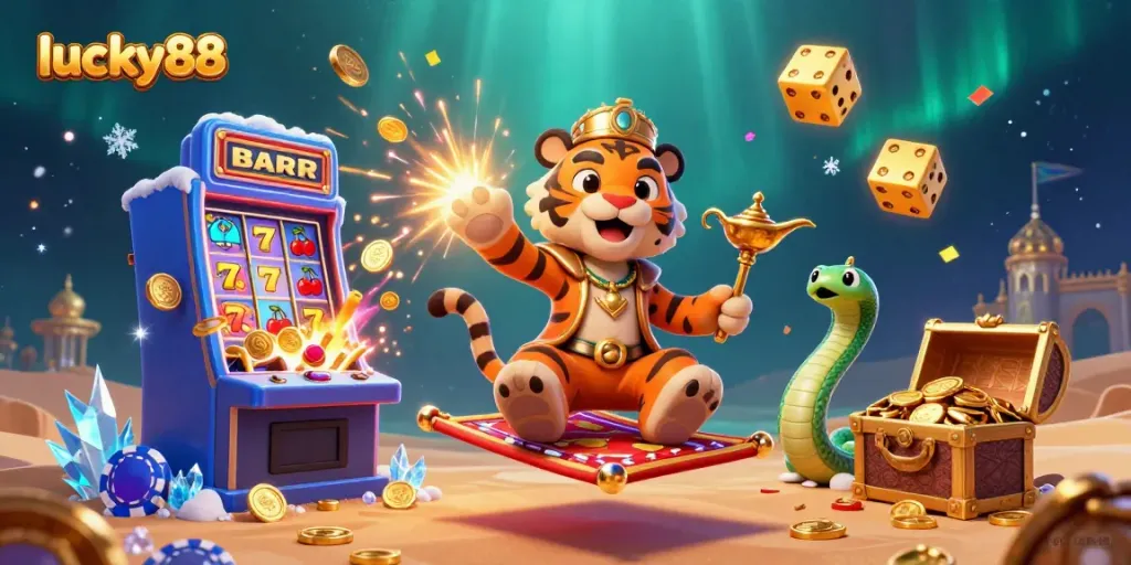 Engage with the thrilling world of lucky88 as a tiger sultan rides a flying carpet of chips amid a jackpot explosion.