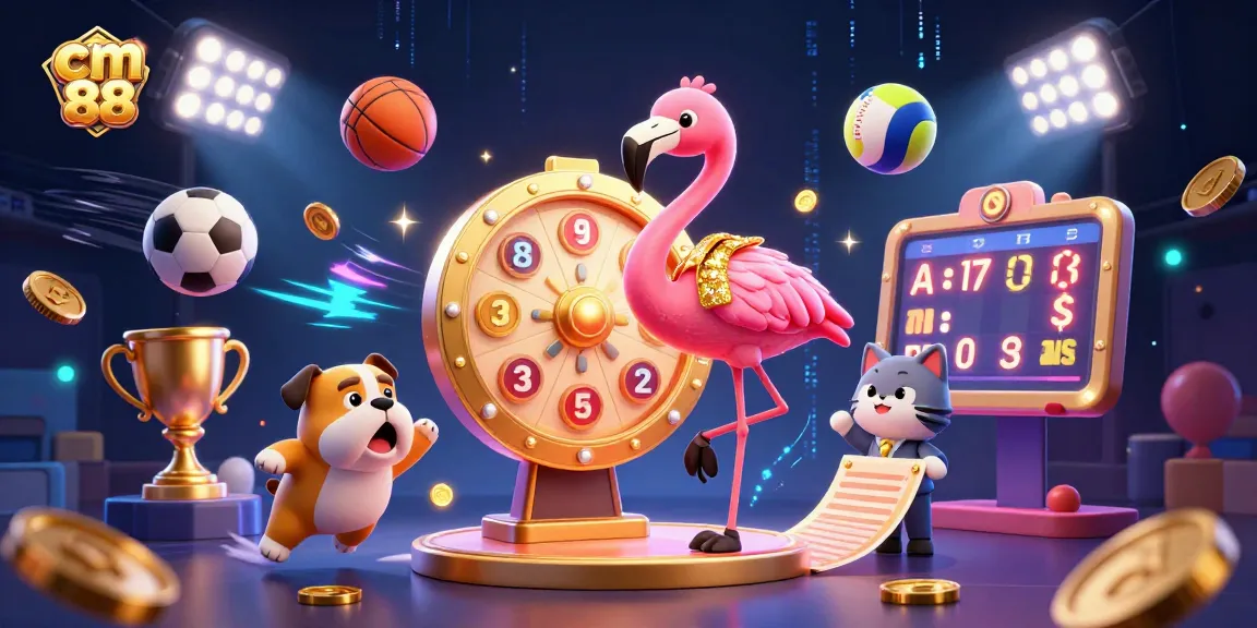 Join the action at cm 88 with an exciting gambling scene including a flamingo game host, a bulldog contestant, and vibrant sports elements.