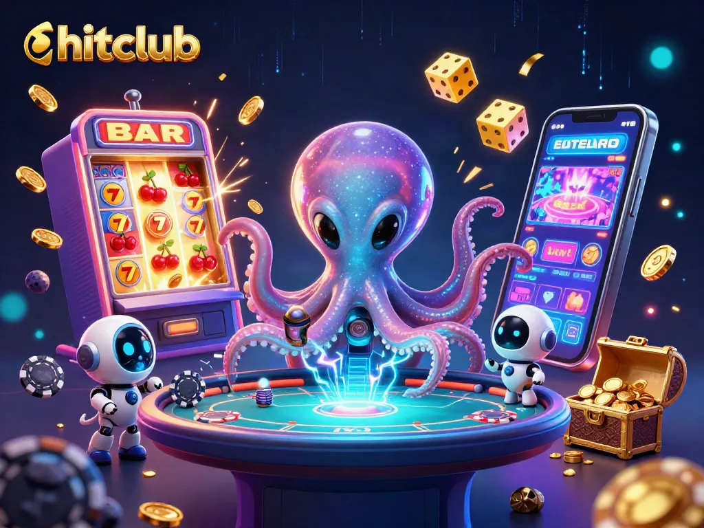 Hitclub showcases an alien octopus at a holographic poker table amidst a jackpot explosion and vibrant casino elements.