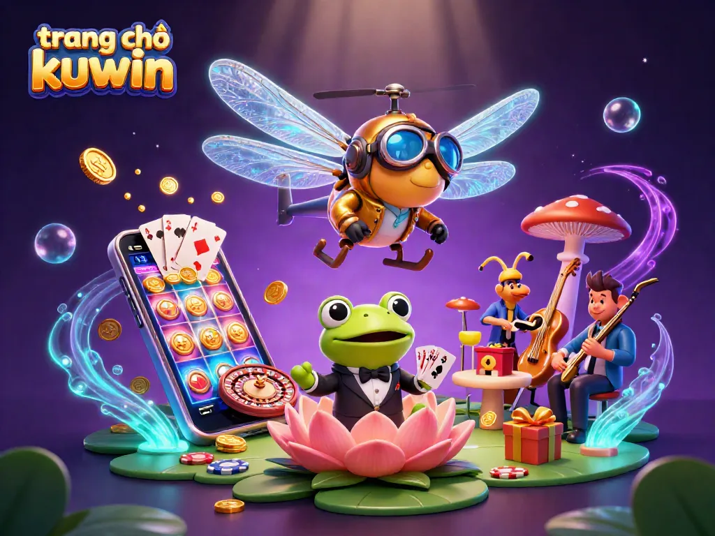 Engage with the vibrant trang chủ kuwin casino scene featuring dragonfly pilot and frog dealer.