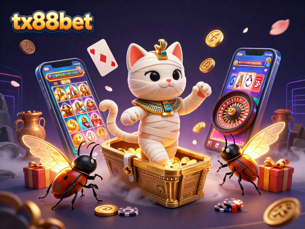 Win big with tx88bet in a vibrant casino scene featuring a mummy cat and rich gaming elements.
