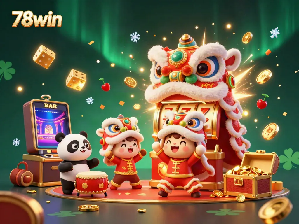 Experience the vibrant essence of 78win casino with a dynamic Chinese New Year celebration scene full of joy and lucky symbols.