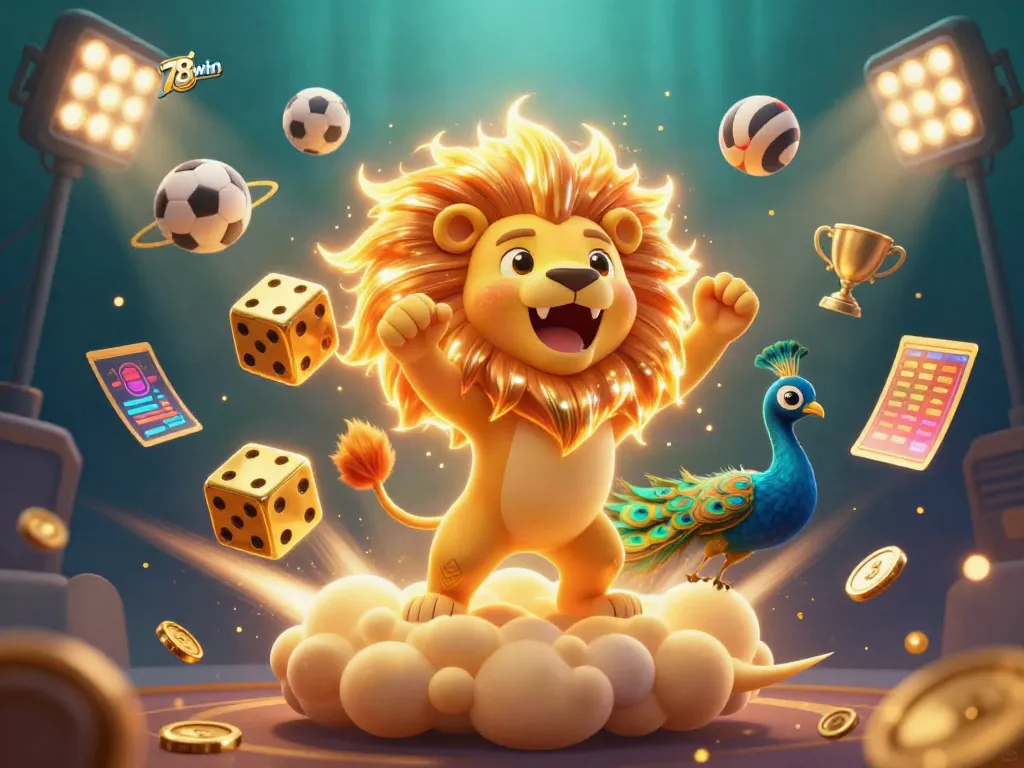 Engage with 78win's exhilarating online casino atmosphere, featuring dynamic sports elements and golden trophies.