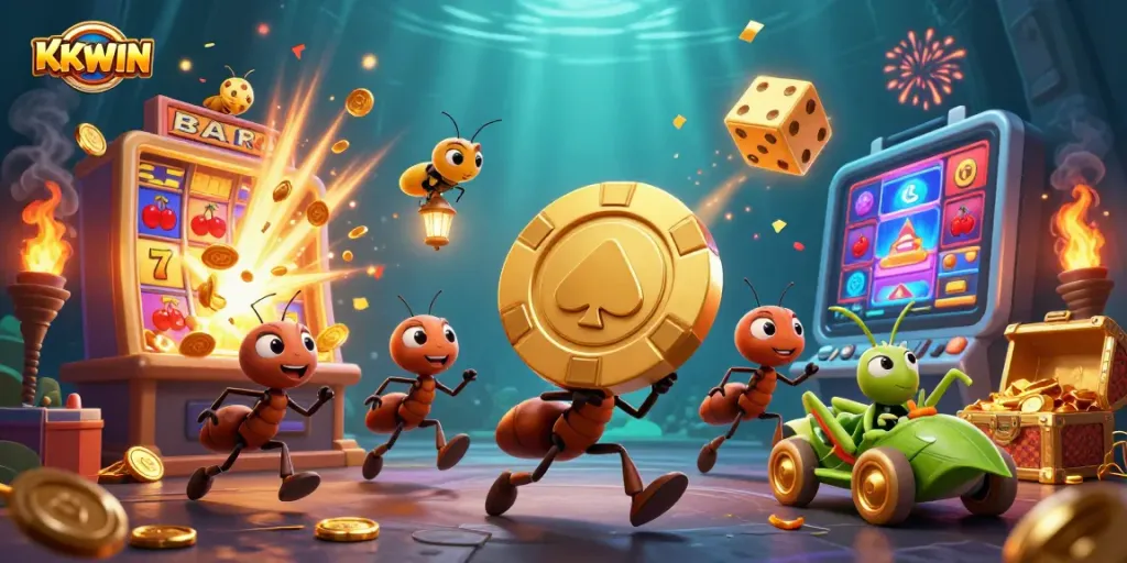 Experience the thrill of KKWIN with an animated heist scene featuring playful characters and vibrant casino elements.