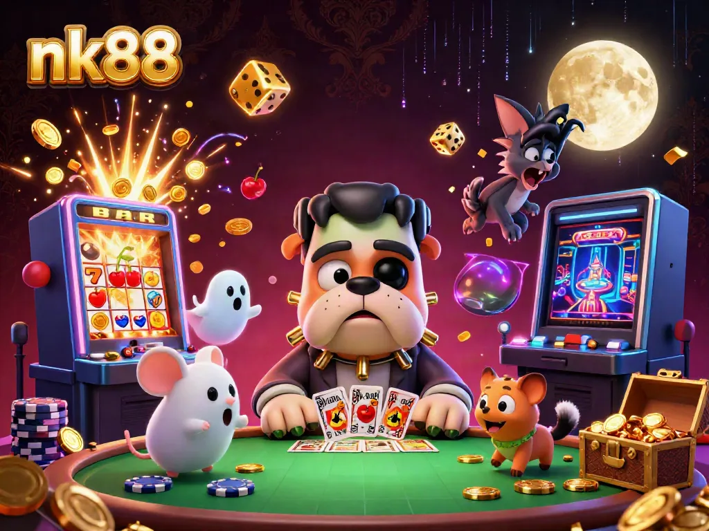 Experience the thrill of nk88 as a 3D cartoon bulldog monster deals cards surrounded by a casino atmosphere.