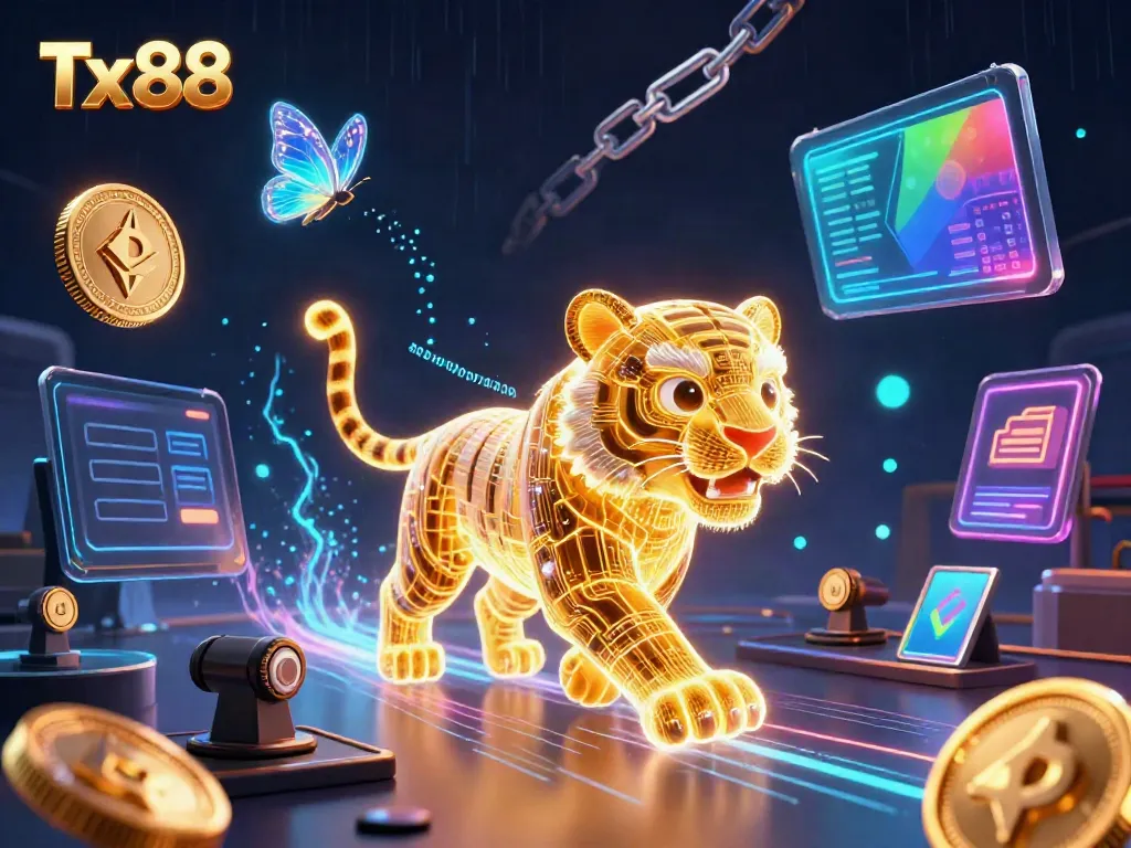 Experience thrilling gameplay at Tx88 with a neon tiger in a vibrant digital casino landscape.