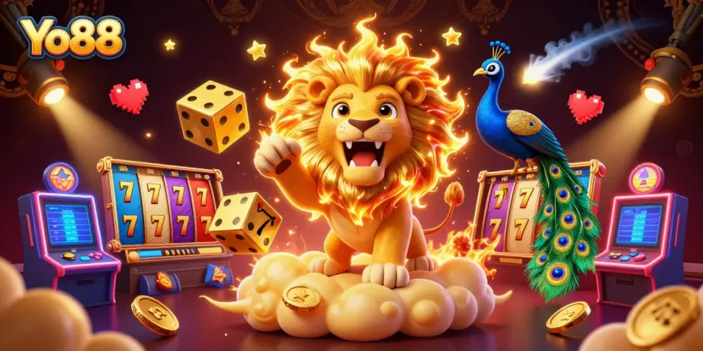 Experience the vibrant gameplay of Yo88 with a roaring lion and dazzling casino elements.