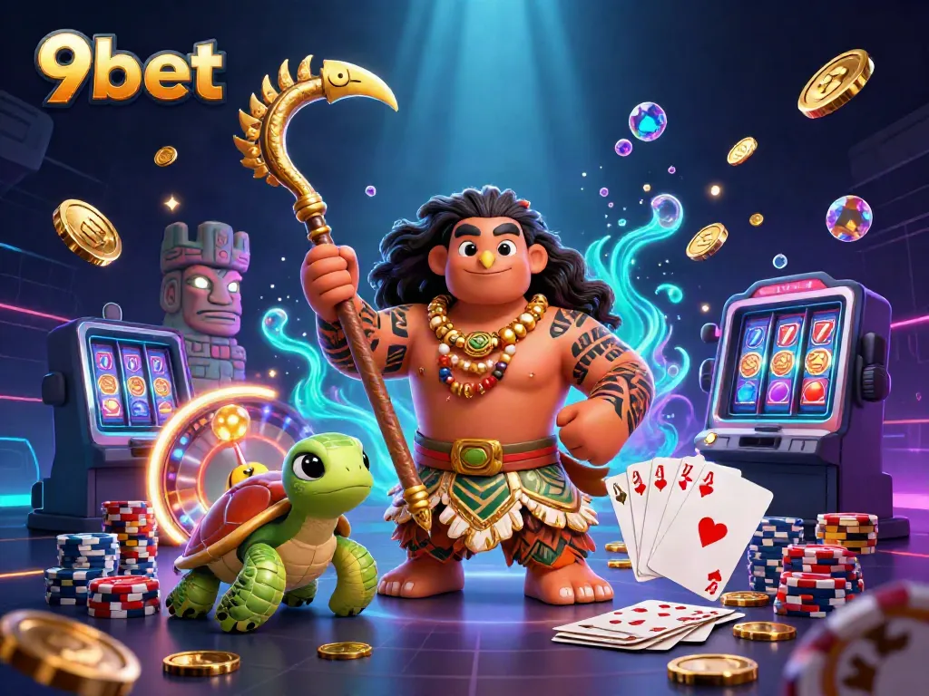 Join 9bet’s exciting adventures with a demigod hawk and turtle in a vibrant casino scene.