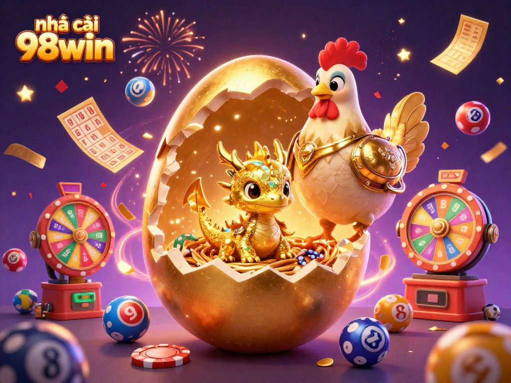 Engage with nhà cái 98win's vibrant golden dragon and casino-themed celebration art.