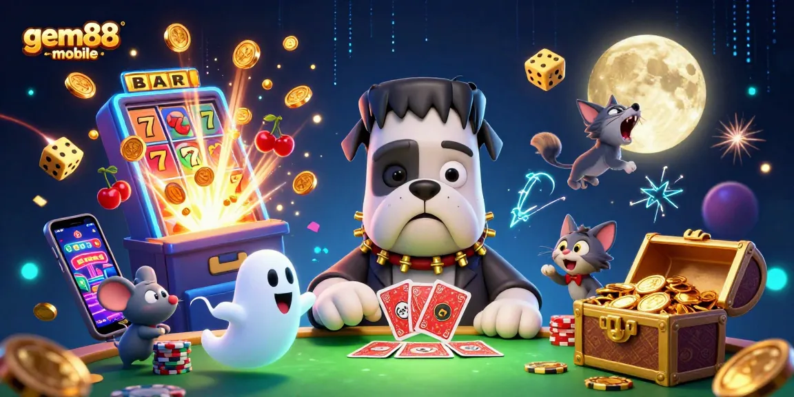Engage with gem88-mobile, where a Frankenstein bulldog monster deals cards amidst lively casino action.