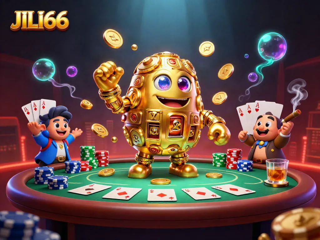 Engage with JILI66's vibrant casino world, showcasing golden golem and poker game elements.