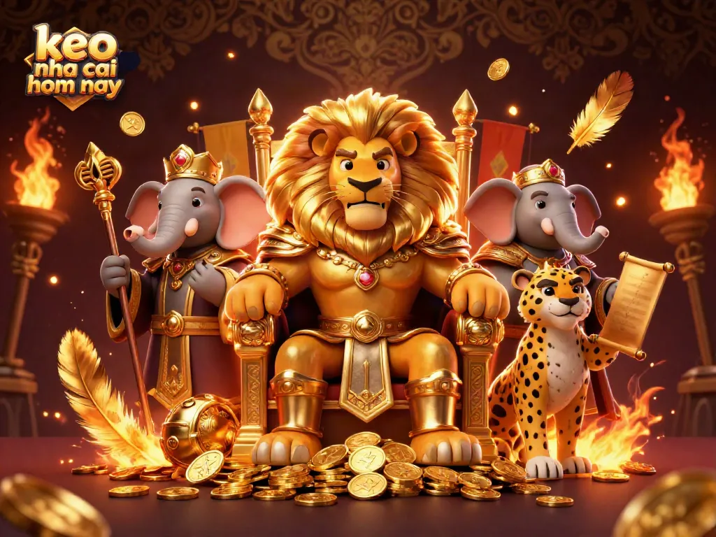 Bet on keo nha cai hom nay with a royal lion king, elephant advisor, and cheetah messenger in an epic scene.