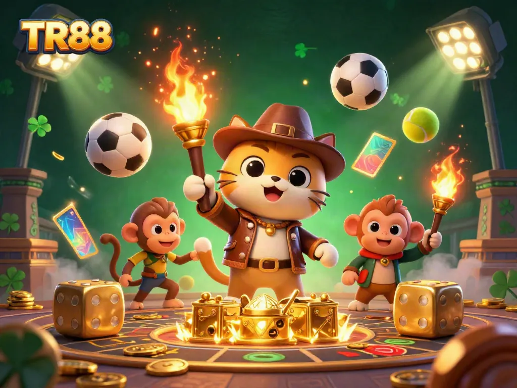 Experience TR88 with a vibrant 3D illustration of a cat archaeologist exploring a golden casino artifact.