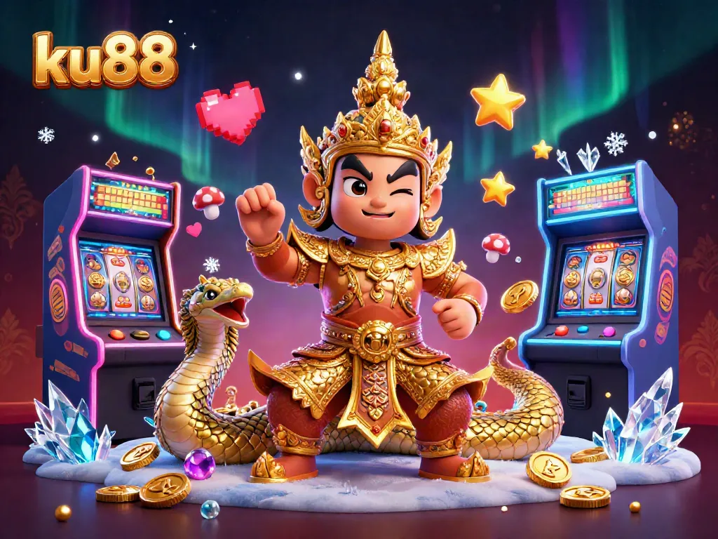 Engage in thrilling gameplay with ku88's colorful casino elements and friendly yaksha guardian.