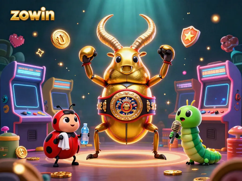 Experience thrilling gaming with zowin featuring a giant golden stag beetle in a vibrant casino scene.
