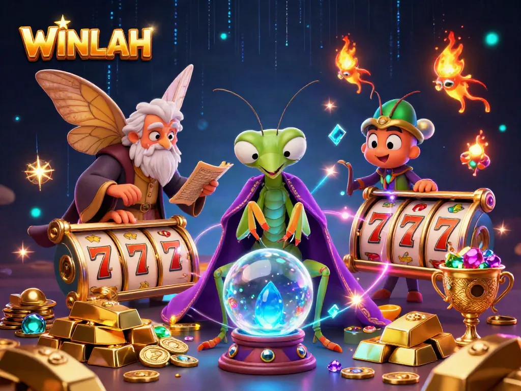 WINLAH casino: Explore vibrant slot games with a mystical fortune teller and treasures.