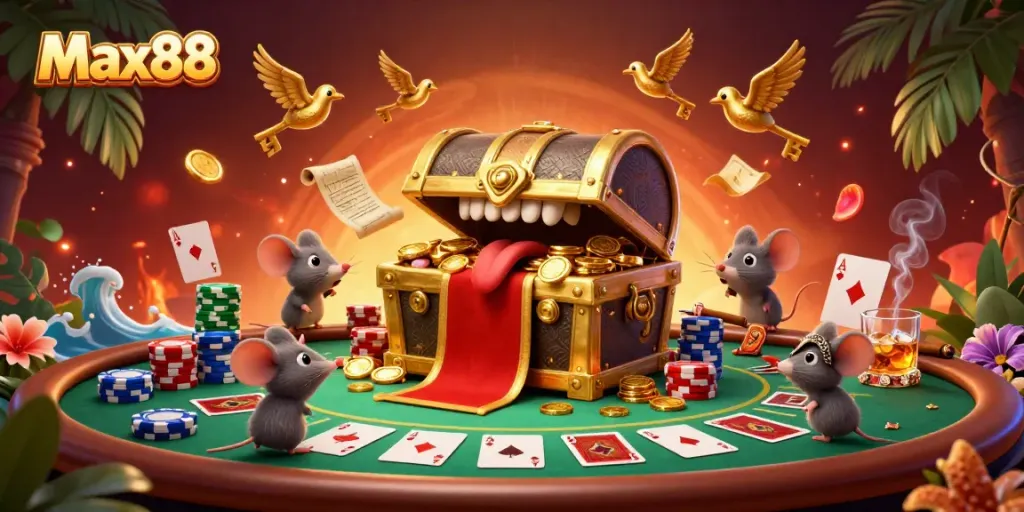 Engage in thrilling games at Max88 with a dynamic poker scene featuring golden treasures.