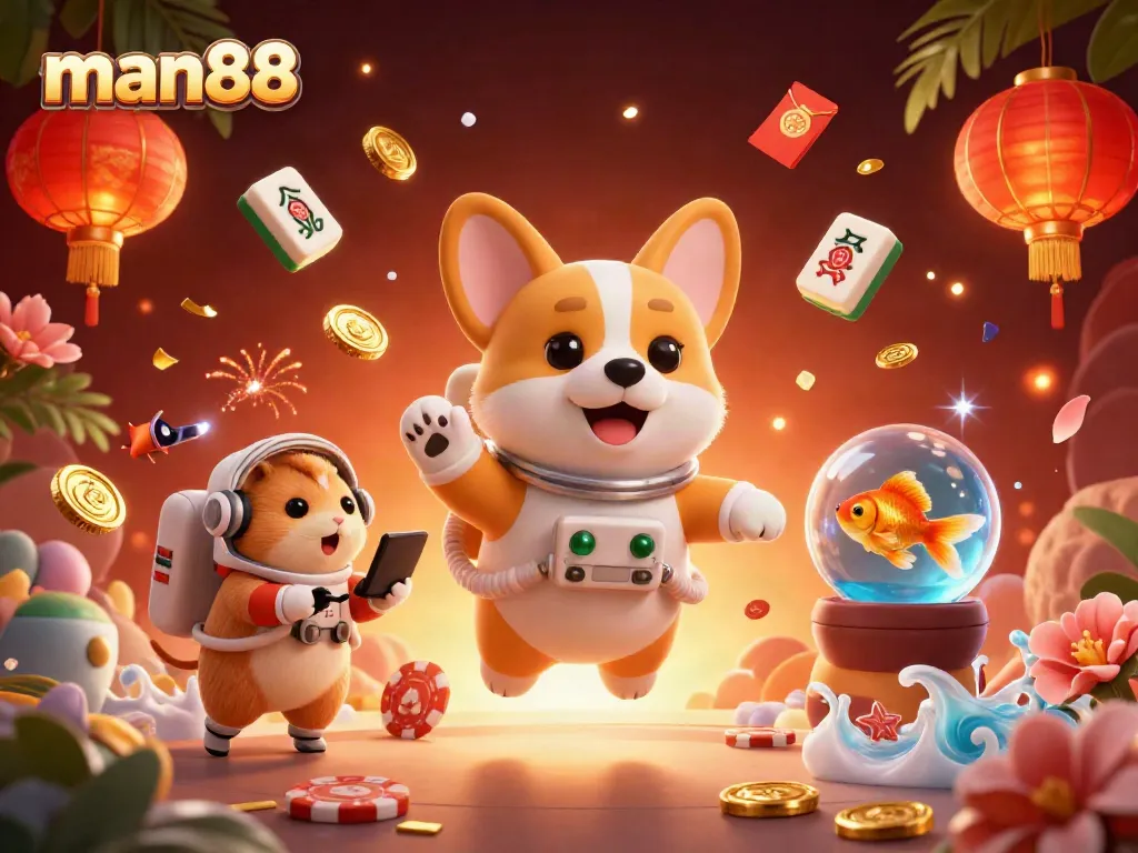Spin and win with man88 in this engaging casino-themed space illustration featuring cute characters and colorful elements.