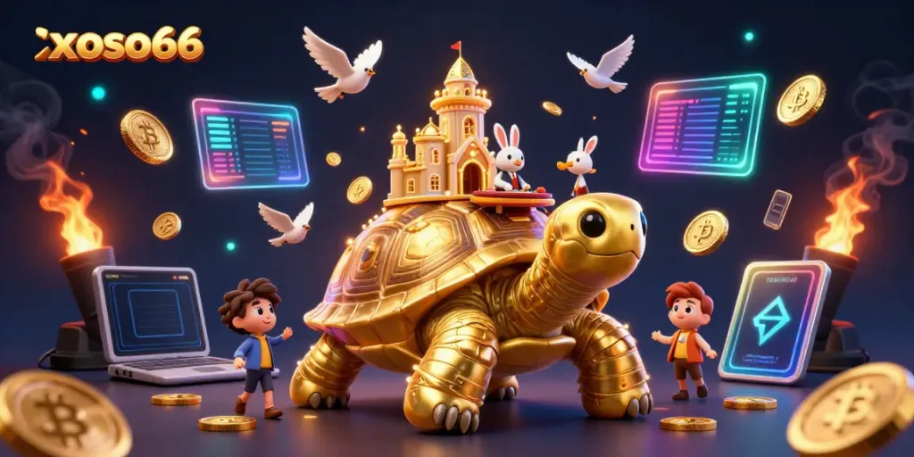 Engage with xoso66 in an immersive golden tortoise casino scene filled with cryptocurrency and vibrant elements.