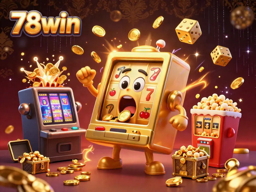 Experience the excitement of 78win with a golden slot machine hitting a jackpot amid flying coins and vibrant game elements.