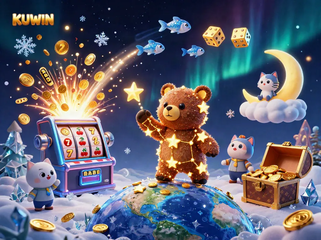 Win big with KUWIN in this vibrant casino illustration featuring exciting games and characters.