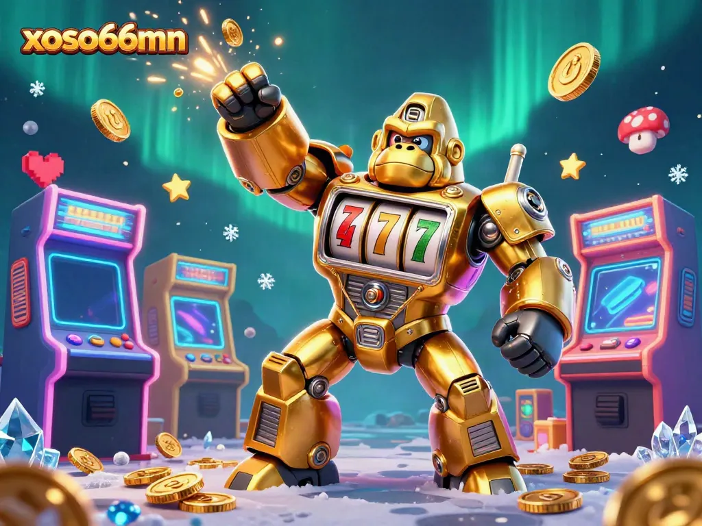 Experience thrilling gameplay with xoso66mn in this dynamic golden gorilla mech scene.