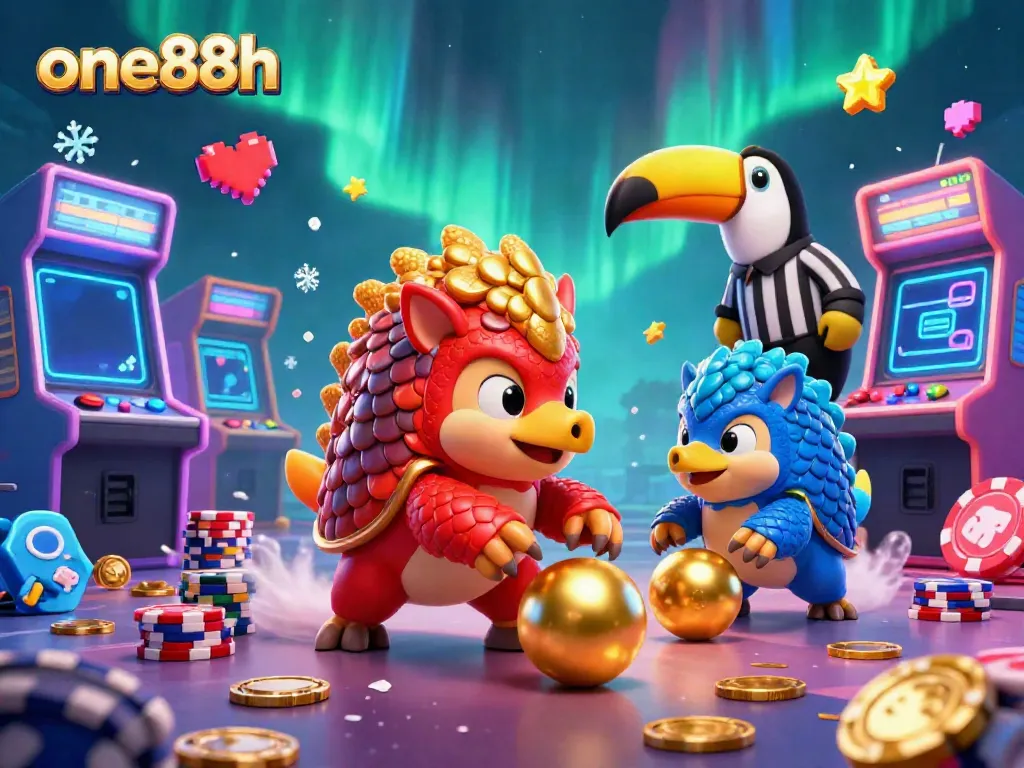 Engage with the colorful 3D casino adventure of one88h featuring rival pangolins amidst poker chips and playful arcade elements.
