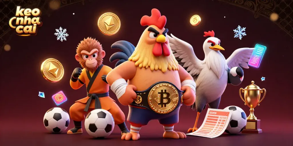 Engage with keo nha cai strategies as a fierce Muay Thai rooster and Shaolin monkey prepare for action.
