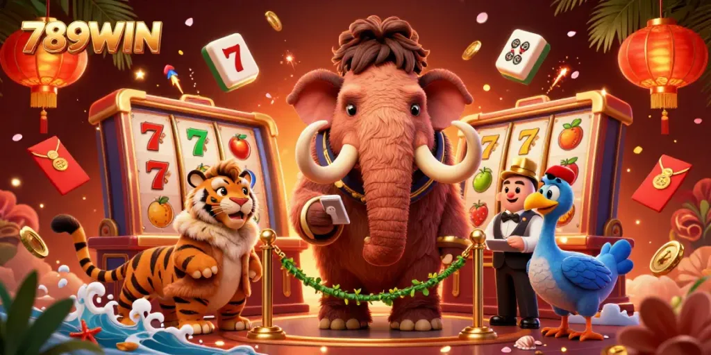 Experience the excitement of 789WIN with a vibrant casino scene featuring a mammoth bouncer and colorful game elements.