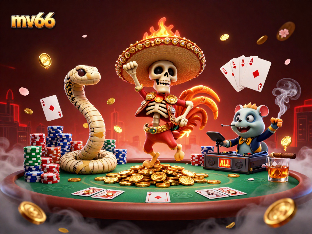 Experience mv66's vibrant victory dance with unique casino characters amidst dynamic poker elements.