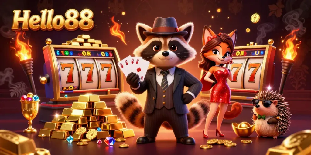 Hello88 showcases a casino scene featuring a suave raccoon, a fox lady, and a hedgehog bouncer in a luxurious environment.