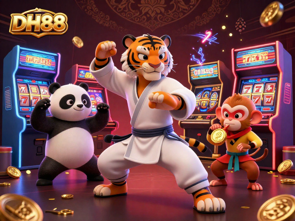 Play exciting games at DH88, featuring colorful casino elements with a dynamic tiger master and panda.