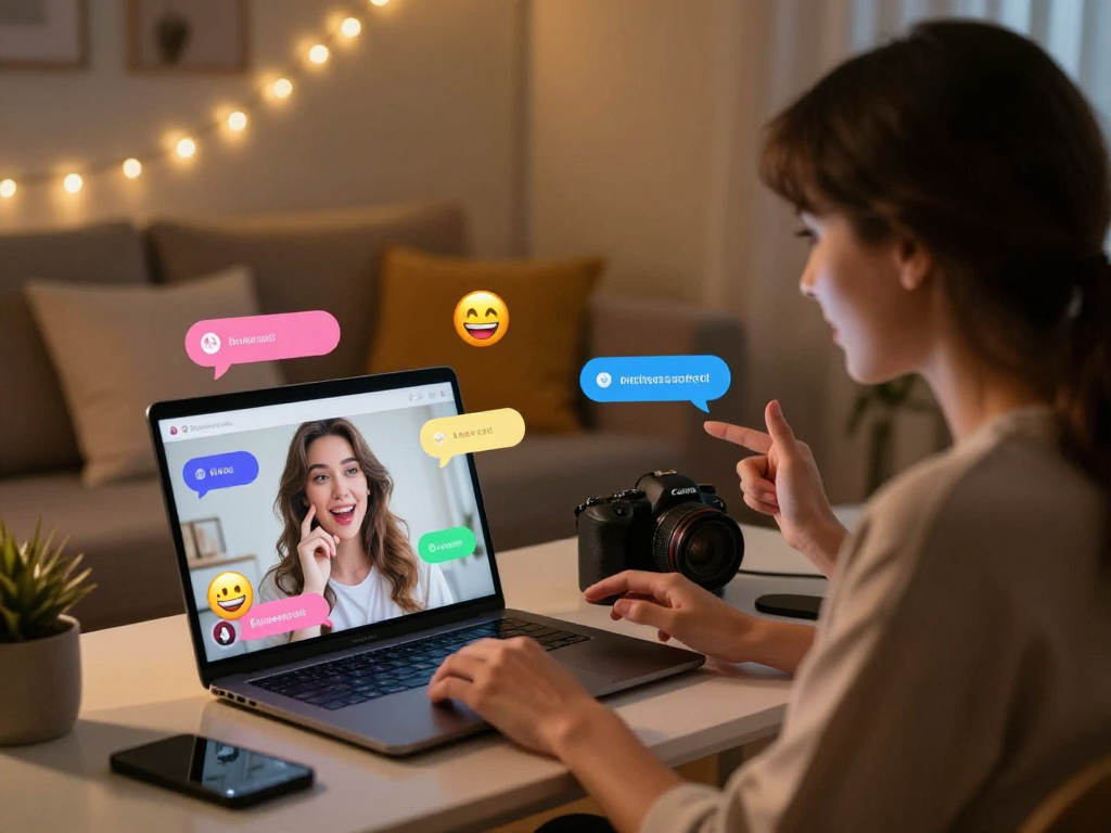 Engaging ai sex chat scene with virtual characters in a cozy home office.