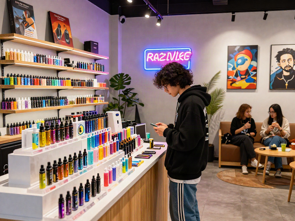 Experience the best of raz vape products in a vibrant urban vape shop setting.