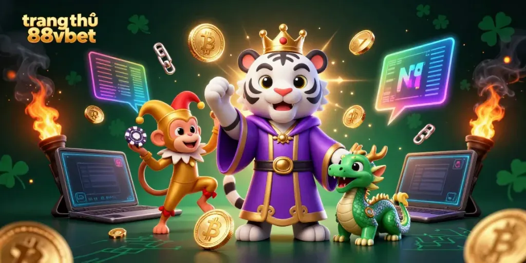 Engage with the dynamic world of trang chủ 88vbet featuring cartoon tiger, monkey, and jade dragon among glowing crypto coins.