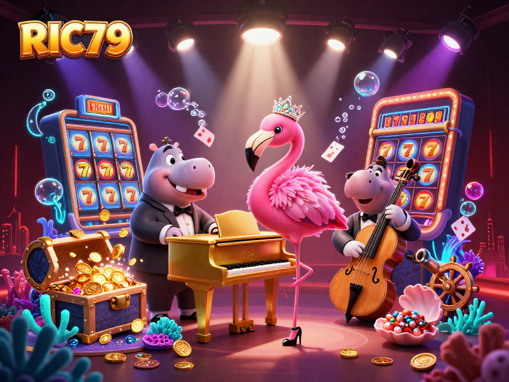 Experience thrilling wins with RIC79 at a casino scene featuring vibrant characters and dynamic gaming elements.